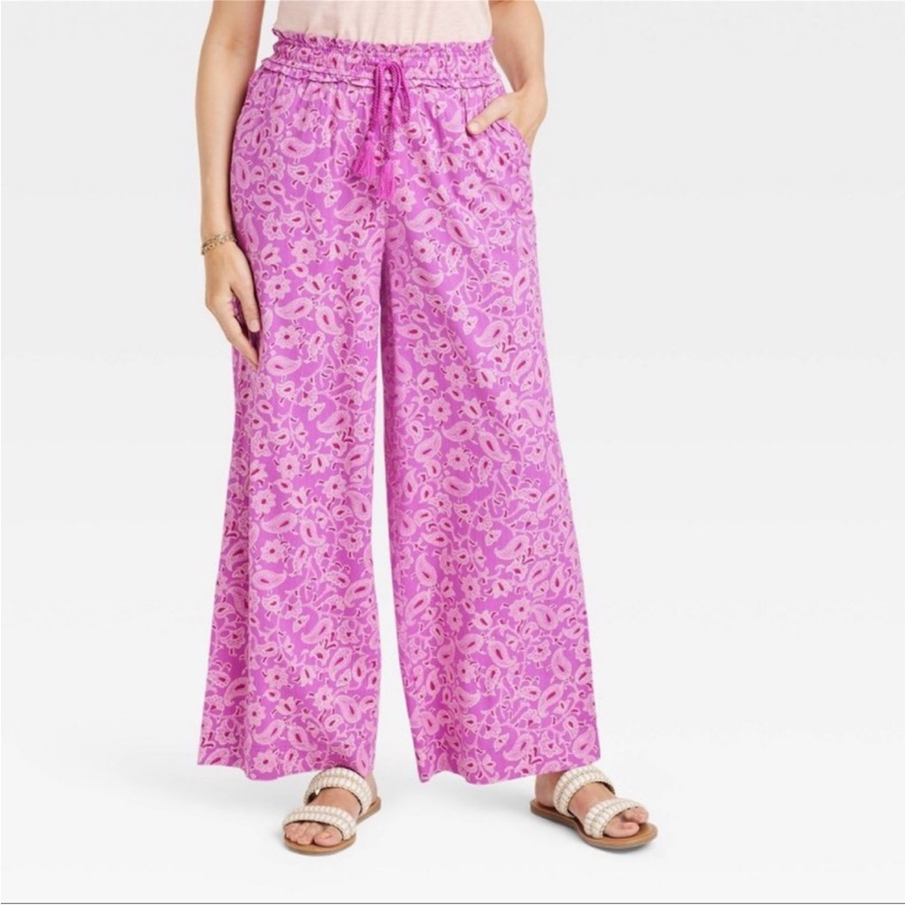 Knox Rose Women's Relaxed Fit Wide Leg Pants Magenta Floral Size L - Picture 1 of 6